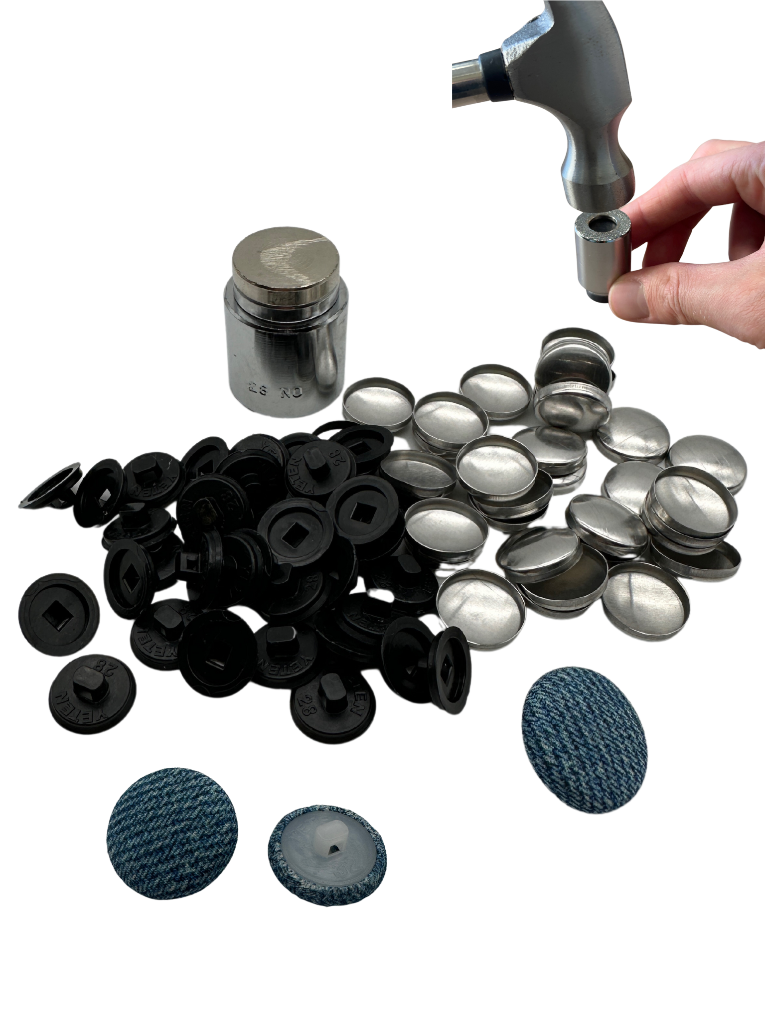 Manual tool for button covering Nm.28 (17.8mm) + 100 blanks with black back